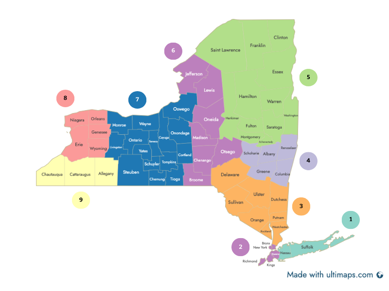 A color-coded map of New York State defining nine (9) regions: Region 1: Long Island; Region 2: New York City; Region 3: Hudson Valley/Westchester; Region 4: Catskills/Albany; Region 5: Adirondacks/Saratoga; Region 6: Central New York/1000 islands; Region 7: Chautauqua/Allegheny; Region 8: Finger Lakes; Region 9: Greater Niagara